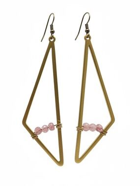 Gold Brass Geometric Drop Earrings with Pink Moonstone